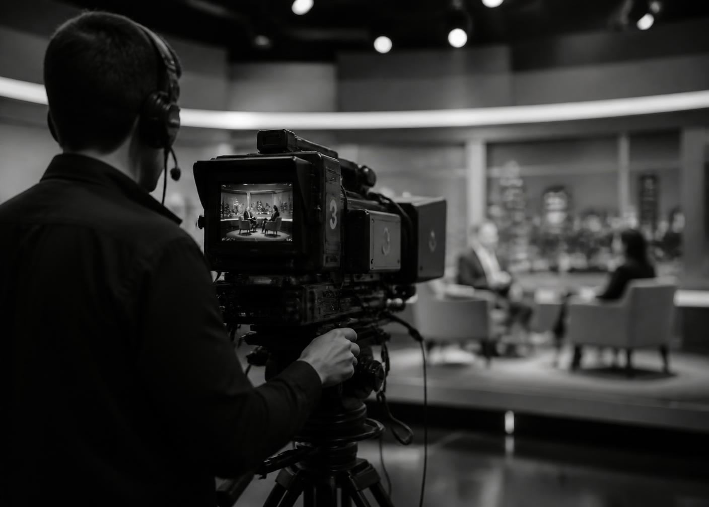 Cameraman filmt een interview met een zakelijke gast op locatie